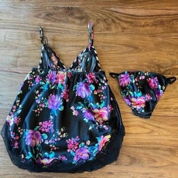 Victoria’s Secret Black & Purple Floral Lace Trim Babydoll Cami Chemise Slip Dre - Picture 4 of 8